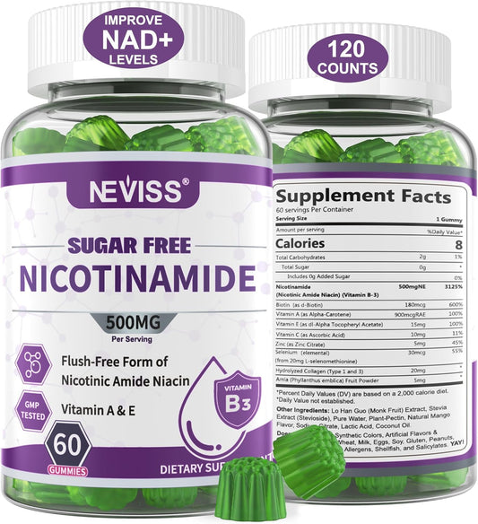 Sugar Free Nicotinamide 500mg Gummies, (Flush Free Niacin) Vitamin B3 Niacinamide Supplement for Cellular Energy Metabolism & Repair, Vitality, Healthy Aging, Cranberry Flavor, Easy to Chew, 120 Cts