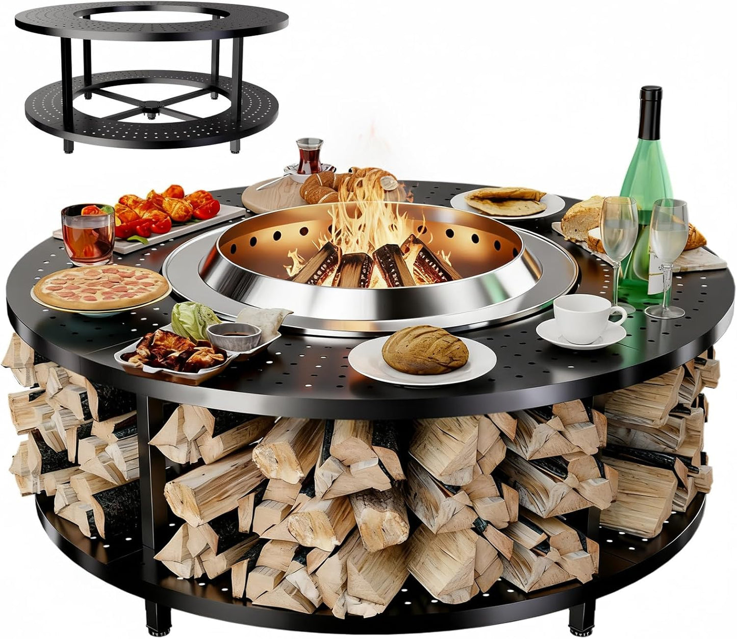 Fire Pit Surround Tabletop for Solo Stove Yukon 1.0 & 2.0, 48" Fire Pit Surround Tabletop with Wood Storage Shelf, Powder-Coated Steel Surround Tabletop with Extra Space with Raised Stand