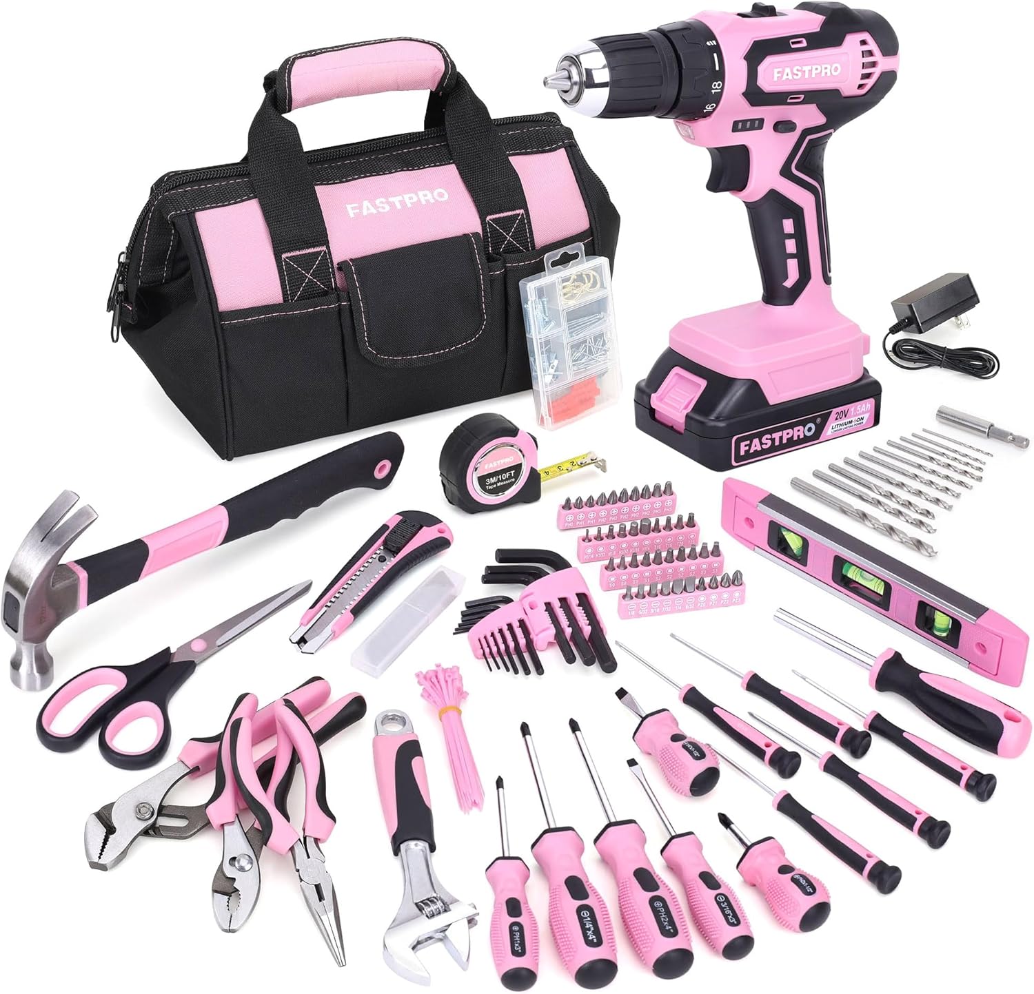 FASTPRO 232-Piece 20V Pink Cordless Lithium-ion Drill Driver and Home Tool Set, Lady's Repairing Kit with 12-Inch Wide Mouth Open Storage Bag