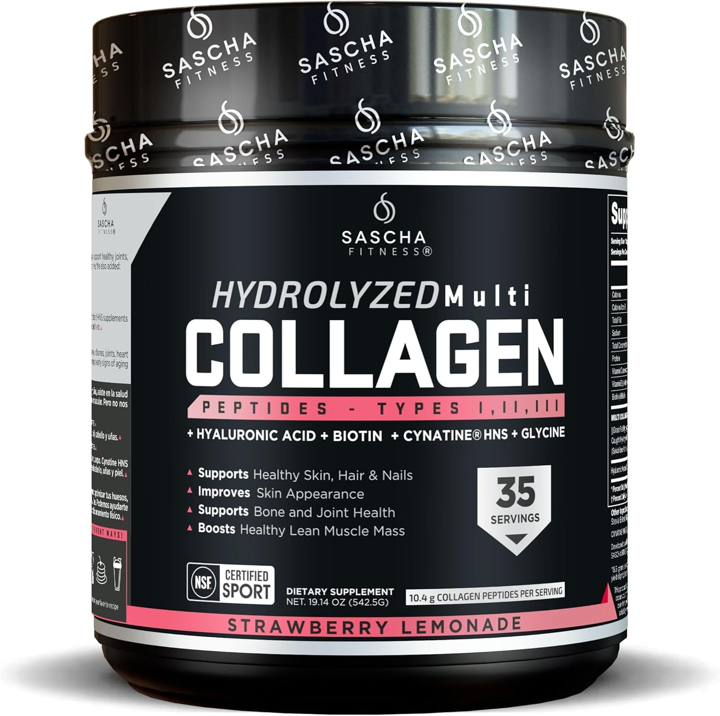 SASCHA FITNESS Hydrolyzed Multi Collagen Peptides Tipes 1,2 & 3 |Hyaluronic Acid|Biotin |Cynatine HSN|Vitamin C & E |for Hairs, Skin & Bone Support|Strawberry Lemonade
