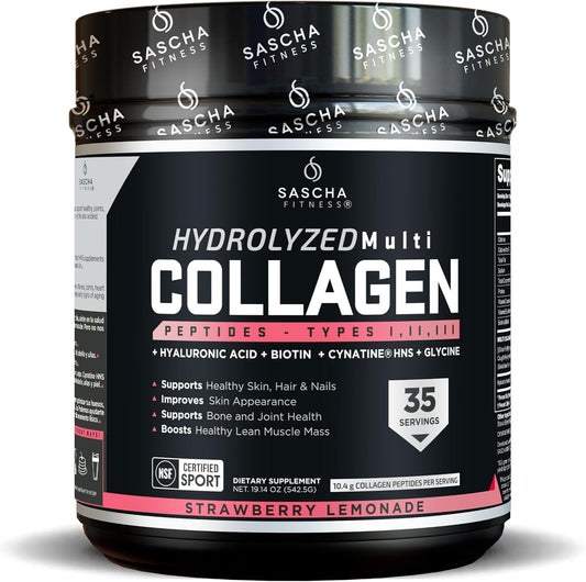 SASCHA FITNESS Hydrolyzed Multi Collagen Peptides Tipes 1,2 & 3 |Hyaluronic Acid|Biotin |Cynatine HSN|Vitamin C & E |for Hairs, Skin & Bone Support|Strawberry Lemonade