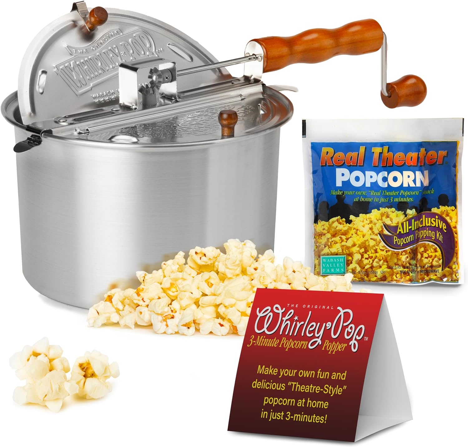 Original Whirley Pop Popcorn Popper with Kernels \u2013 6-Quart Silver Popcorn Maker, Fast & Easy-to-Use Snack Machine for Movie Nights, Durable Aluminum Stovetop Popper with Metal Gears