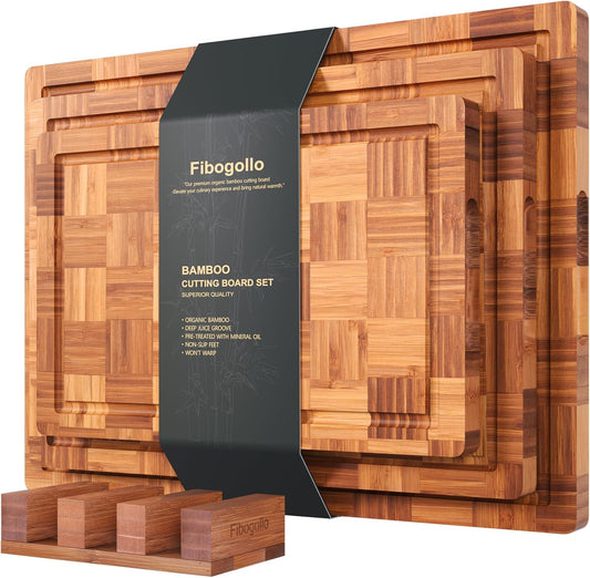 Fibogollo Bamboo Cutting Boards for Kitchen(Set of 3),Chopping Boards with Juice Groove,End Grain Serving Board with Holder,Bamboo Butcher Block for Meat,Vegetables,Fruit
