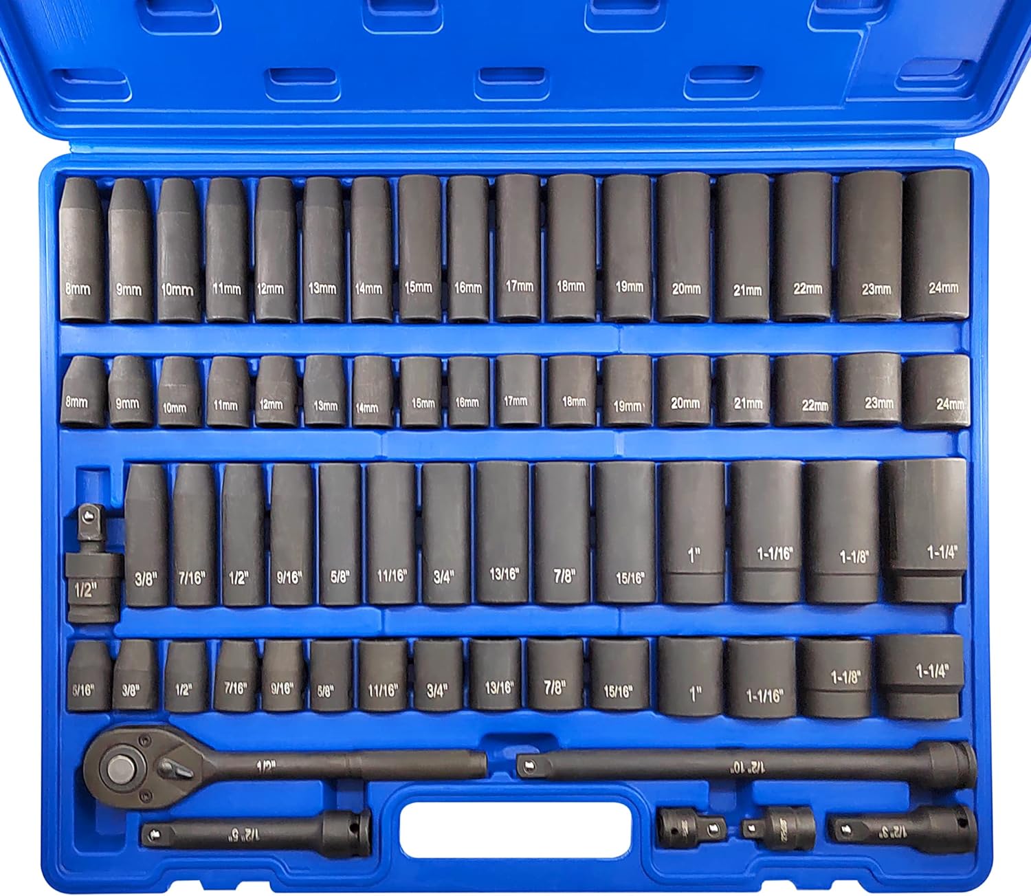 70pcs 1/2" Drive Impact Socket Set, Cr-V Steel, SAE & Metric, Standard/Deep Sockets with 72 Teeth Ratchet Handle, Extension Bar, and Adapters