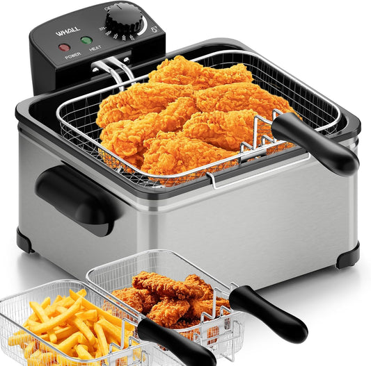 WHALL Deep Fryer with 3 Baskets,5 L/21 Cups Oil Capacity,Temperature Control,Stainless Steel,1700 W