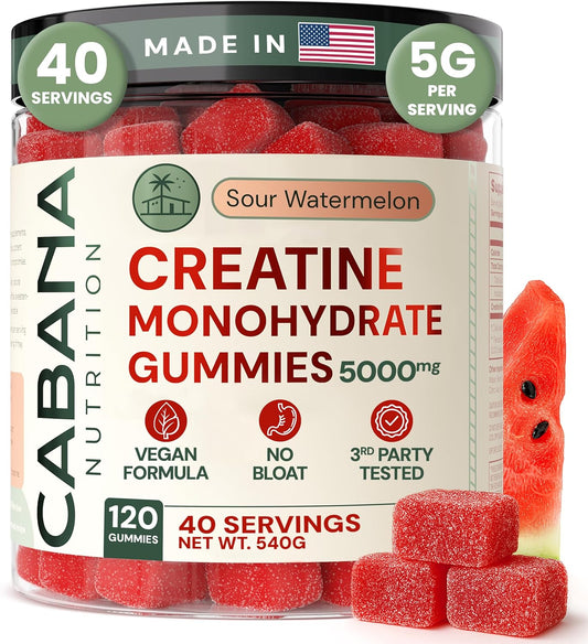 Creatine Monohydrate Gummies 5g - Watermelon Flavored Creatine for Women and Men - Supplement Supports Muscle Gain, Energy, Pre and Post Workout, Focus & Cognition, Recovery (120 Count, 40 Servings)