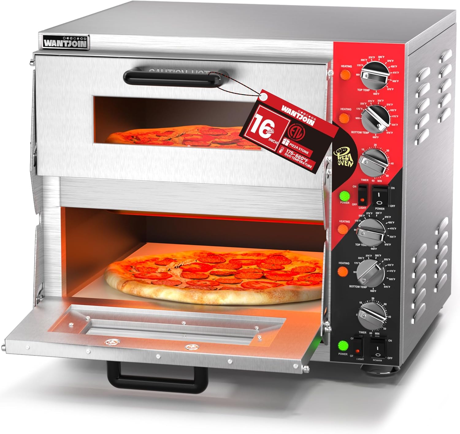WantJoin ETL Listed Commercial Indoor Pizza Oven 16 Inch Countertop Double Decker Electric Pizza Ovens with Pizza Stone, 60-Min Ring Timer, for Home and Restaurant, 3200W
