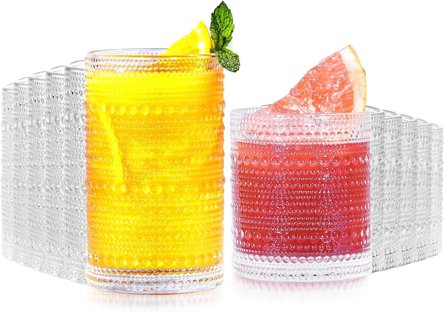Lvtrupc Vintage Hobnail Drinking Glasses Set of 12-14 oz Old Fashioned Water Glass Cups & 11 oz Cocktail Glasses, Aesthetic Kitchen Bar Tumbler Glassware Gifts Sets for Smoothie, Juice, Coffee, Wine