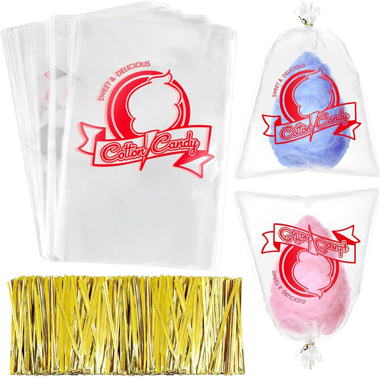 Geyee 500 Pcs Cotton Candy Bags with Ties Cotton Candy with Print Clear Large Carnival for Party and Kitchen, 11.8 x 17.7 Inch