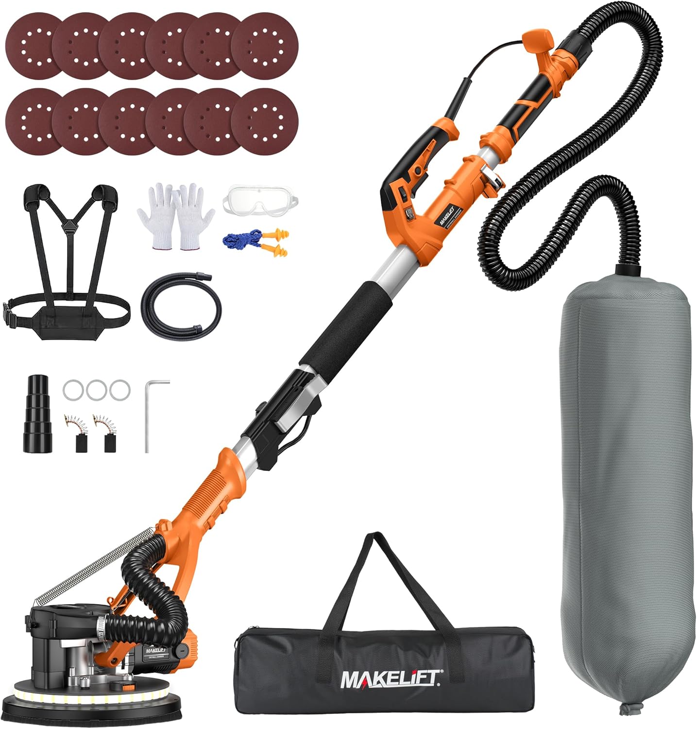 MAKELIFT Drywall Sander with Vacuum Dust Collector,1050W 7.33A Popcorn Ceiling Removal Tool,LED Light,5 Variable Speed 1000-2100RPM,Foldable & Extendable Handle,12 Sanding Discs