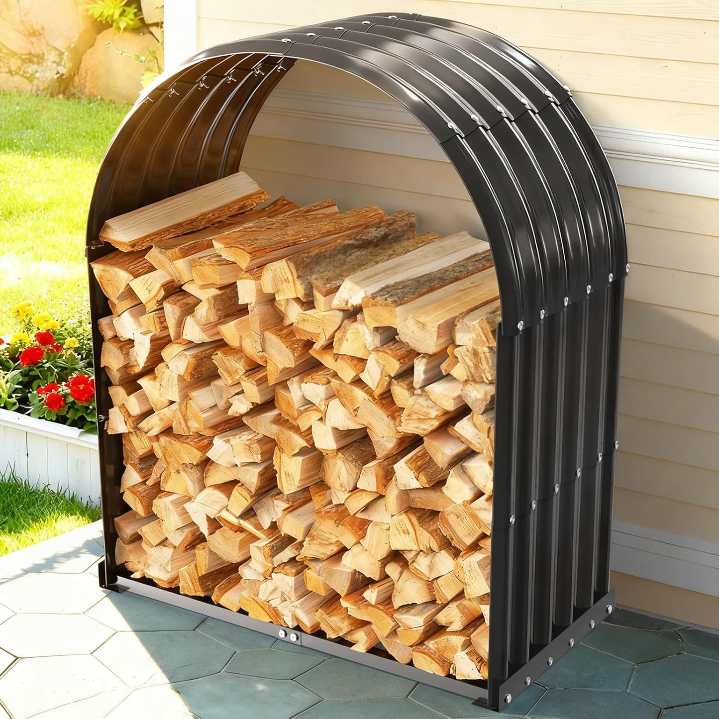 Heavy Duty Firewood Rack with Arched Cover, 700 LBS Capacity, Waterproof Galvanized Steel Log Holder for Indoor Fireplace or Outdoor Patio, Stylish Metal Fire Wood Storage Organizer