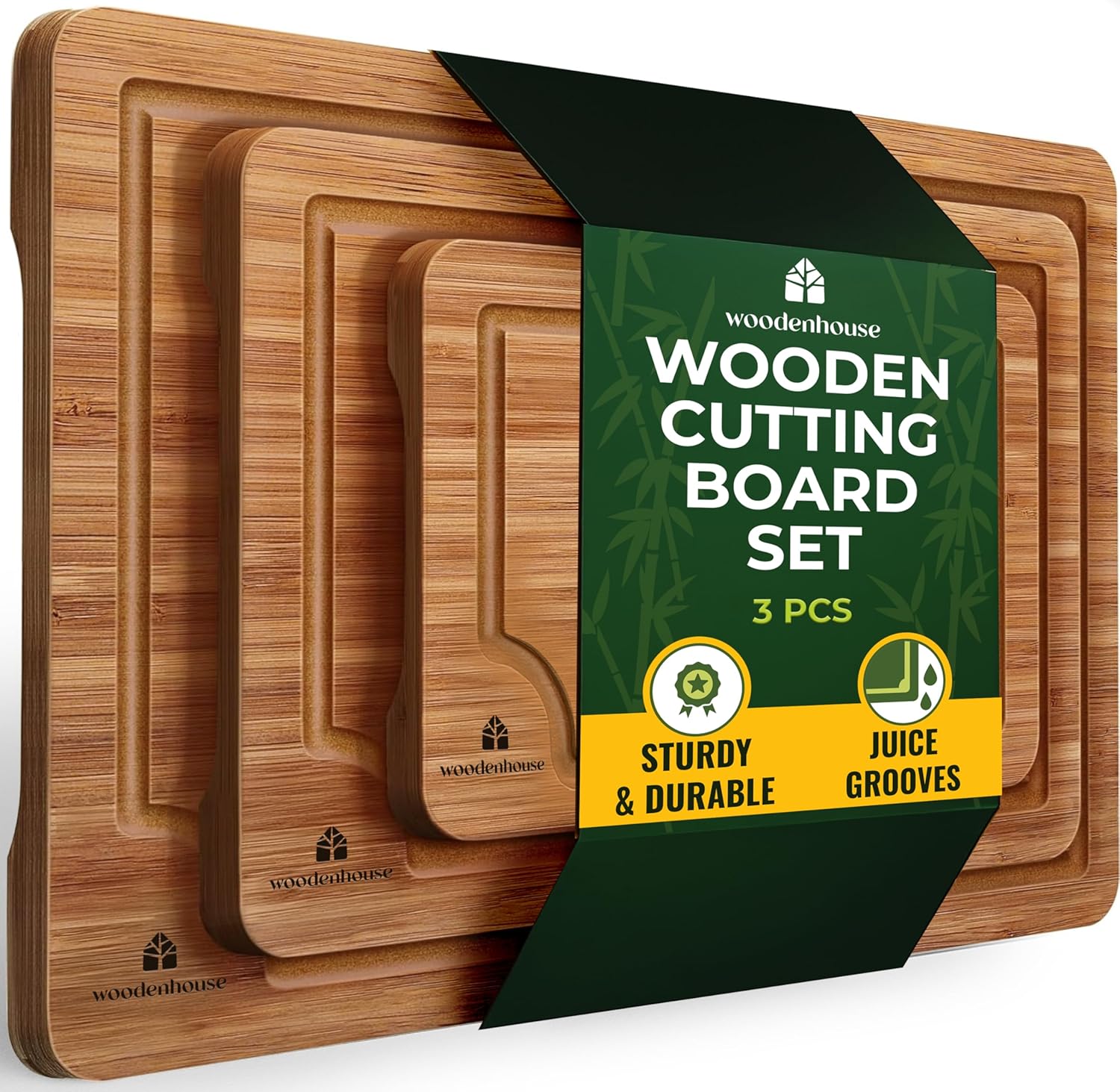 Wood Cutting Boards Set of 3 \u2013 Thick & Sturdy Bamboo Cutting Board with Deep Juice Grooves & Build-in Handles, Large Surface, Easy to Clean \u2013 for Meat, Vegetables and Fruits