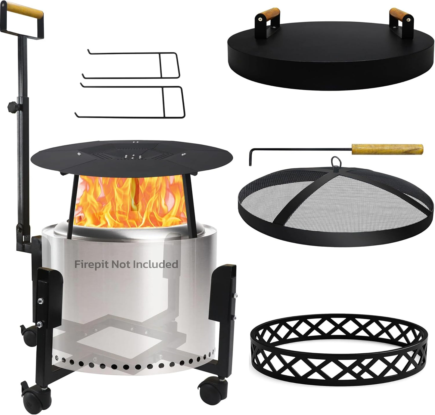 FEBTECH Spark Screen, Heat Deflector, Firepit Lid, Trolley Stand and Base Ring Combo - Compatible with Solostove Bonfire and Other 19.5" Fire Pit - 5 in 1 Firepit Accessories for Patio, Bonfire, Deck