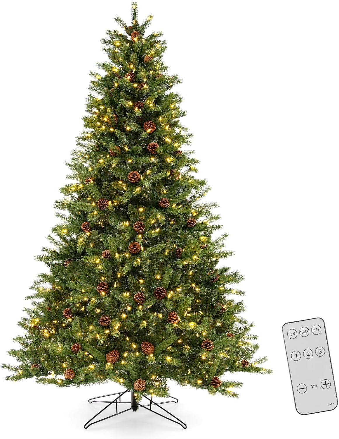 HOMGX 7ft Prelit Christmas Tree, 3-Minute Quick Shape Xmas Tree with, 700 LED Lights, 1388 Branches, 92 Pine Cones, Remote & Timer, 3 Light Mode Artificial Christmas Tree