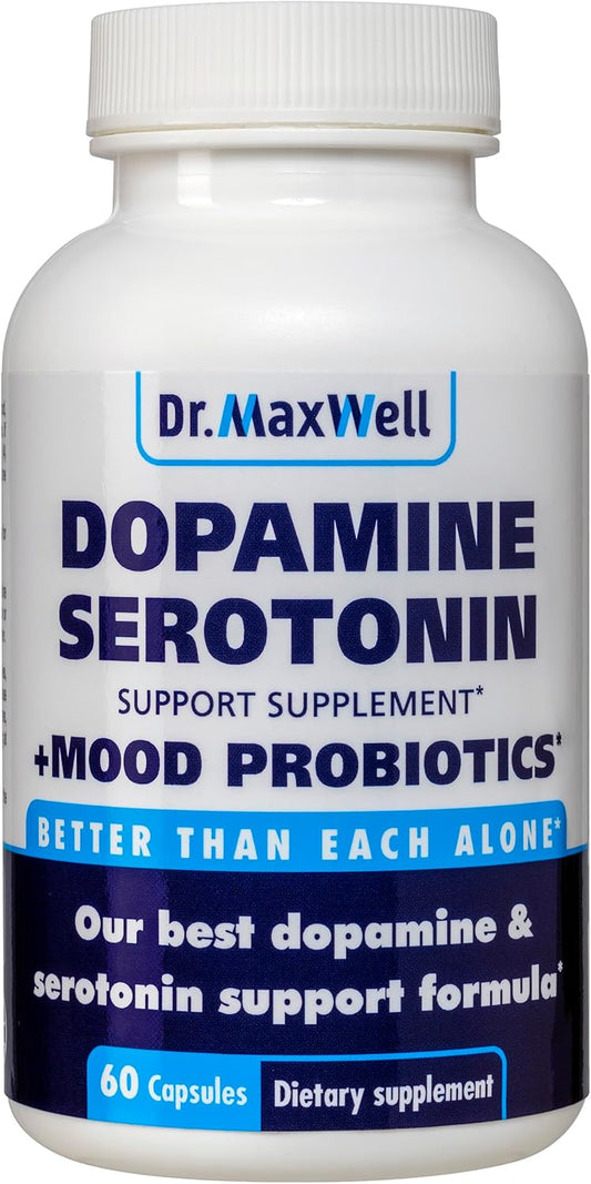 Serotonin and Dopamine Supplements with Mood Probiotic, 5in1 Support for (1) Dopamine (2) Serotonin (3) Mood (4) Relaxation (5) Focus & Brain, 60 Capsules