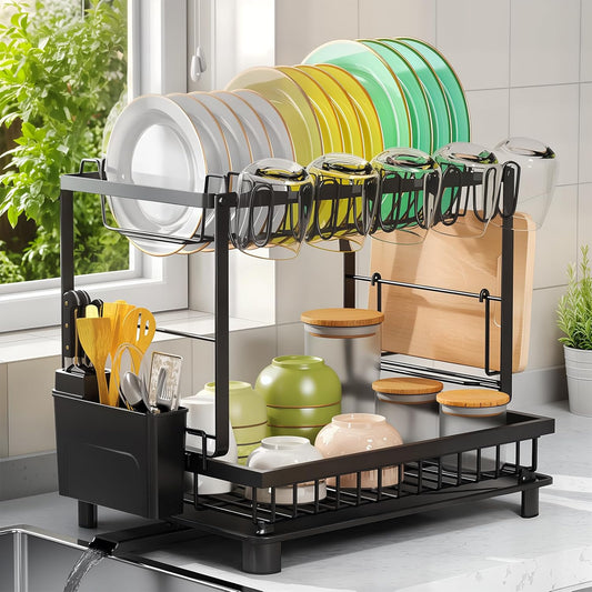 Nfnoyp Dish Drying Rack, 2 Tier Space-Saving Dish Rack, Multifunctional Dish Drainer for Kitchen Counter with Drainboard\/Utensil\/Cup Holder Rustproof Carbon Steel, Black