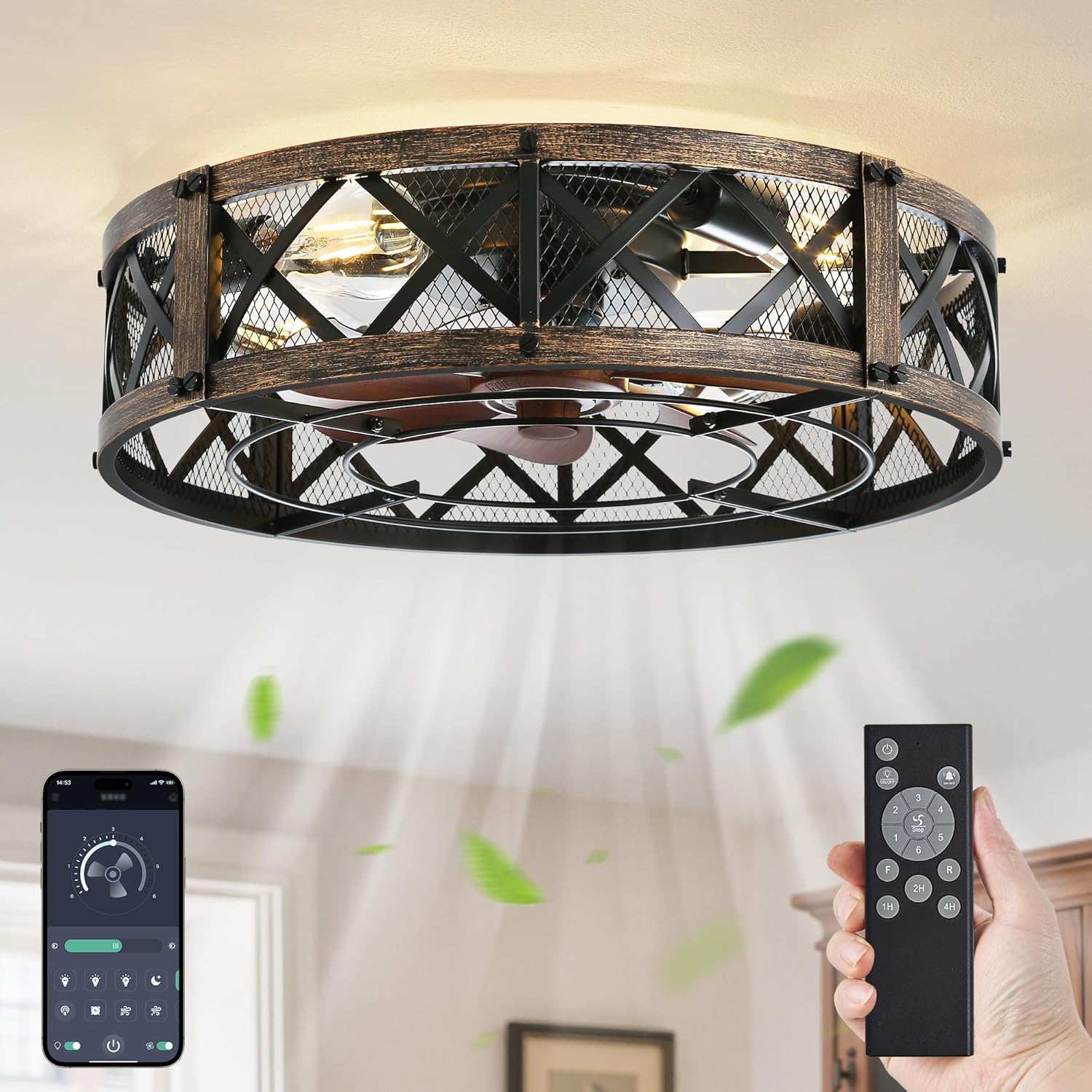 LEDIARY 20" Caged Ceiling Fan With Light, APP&Remote Control, Small Flush Mount Farmhouse Fan Lights, Low Profile Rustic Bladeless Ceiling Fan Fixtures For Bedroom, Kitchen-Black Gold Color