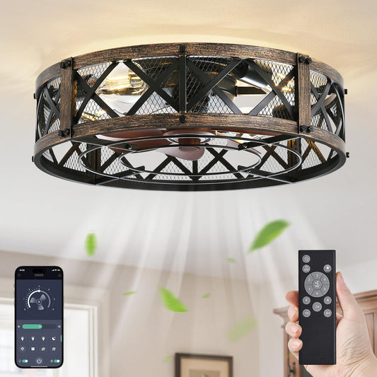 LEDIARY 20" Caged Ceiling Fan With Light, APP&Remote Control, Small Flush Mount Farmhouse Fan Lights, Low Profile Rustic Bladeless Ceiling Fan Fixtures For Bedroom, Kitchen-Black Gold Color