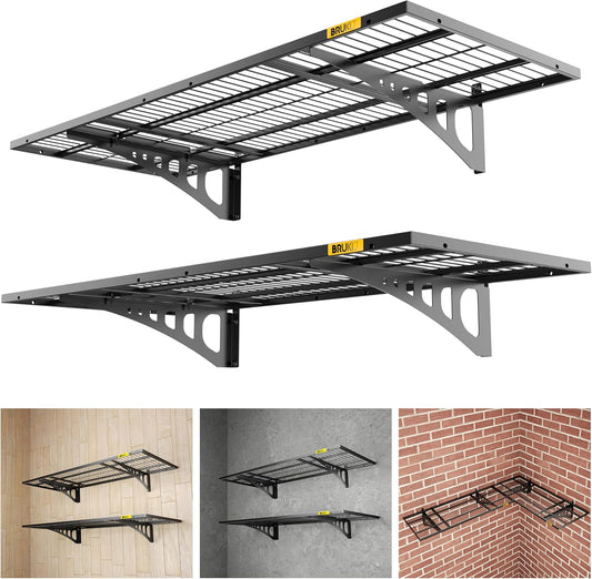 Brukid 1.64x4ft Adjustable Rail Wall Garage Storage Shelf, for Tool Room, Storage Room, Store Supermarket Wall Storage Shelving Rack (2 Pack-Black)