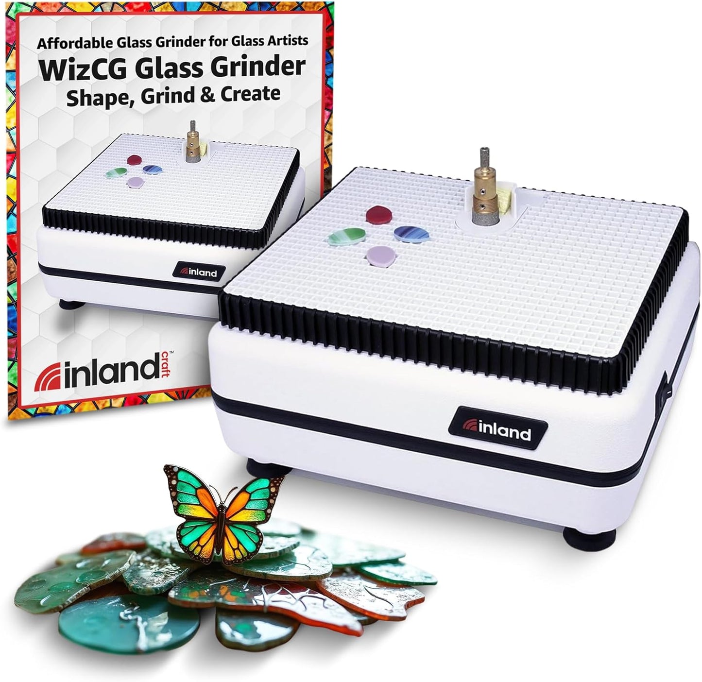 Inland Craft WizCG Glass Grinder, Stained Glass Grinder Machine Mosaic & Grinder Tool, for Edging, Shaping, Drilling - For Professionals & Hobbyists - Includes 2 Diamond Bits - White