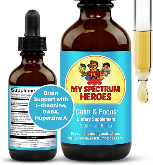 My Spectrum Heroes Calm & Focus Supplement Drops - Brain Support with L-theanine, GABA, Huperzine A - Enhance Focus for Kids or Adults - Boost Concentration for Kids & Teens - 2.02 FL oz. (60 ml)