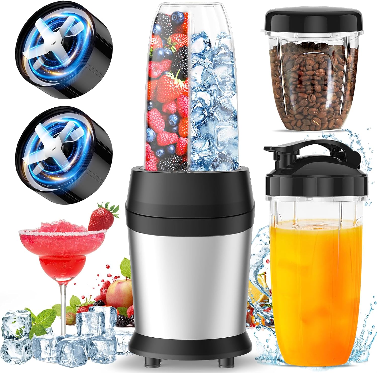 Colarlemo 12-Piece Smoothie Blender Maker 25,000 RPM Personal Blender for Ice Crushing Smoothies & Frozen Drinks Nuts with 23oz, 32oz, 37oz Portable Cups Two 6-Leaf Stainless Steel Blades, Silver