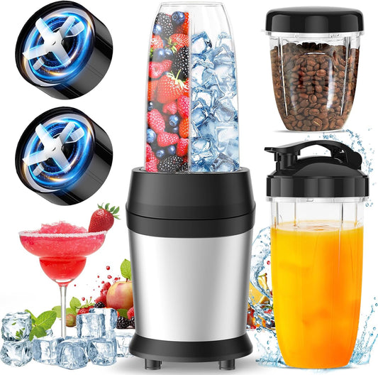 Colarlemo 12-Piece Smoothie Blender Maker 25,000 RPM Personal Blender for Ice Crushing Smoothies & Frozen Drinks Nuts with 23oz, 32oz, 37oz Portable Cups Two 6-Leaf Stainless Steel Blades, Silver