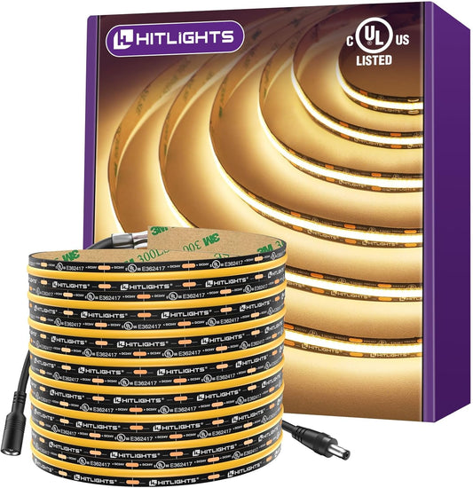 HitLights COB LED Strip Lights Warm White 3000K, 16.4ft Premium 12V Tape Light High Density, 2400 LEDs, 305+ LM\/FT, CRI 90+, IP30, Lighting for Kitchen, Cabinets, UL Listed (Power Source Not Included)