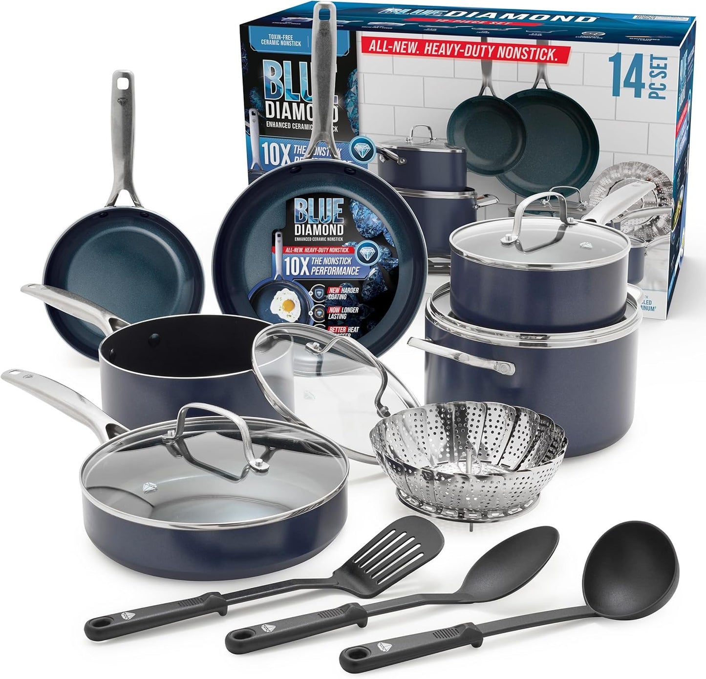 Blue Diamond 14 Piece Nonstick Cookware Set, Diamond Ceramic Pots & Pans, Dishwasher & Metal Utensil Safe, Non Toxic PFAS-Free, Kitchen Cooking Sauce & Saute Pans, Oven & Broiler to 600F, Blue