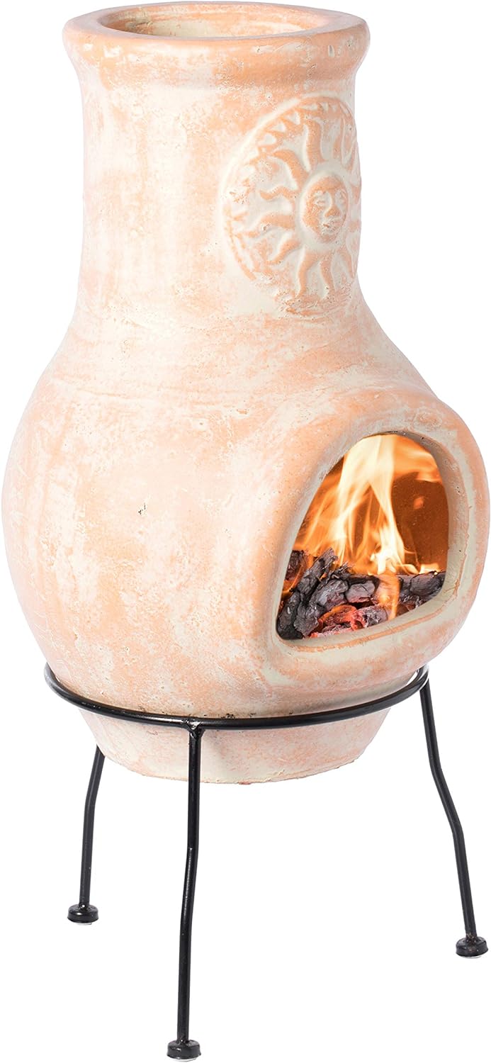 Beige Outdoor Clay chiminea Outdoor Fireplace Sun Design Charcoal Burning Fire Pit with Sturdy Metal Stand, Barbecue, Cocktail Party, Family Gathering, Cozy Nights Fire Pit