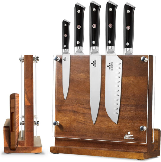 ENOKING Magnetic Knife Block with Acrylic Shield, Double Side Kitchen Knife Holder without Knives- Acacia Wood Universal Knife Storage Organizer with Powerful Magnet for Kitchen Counter