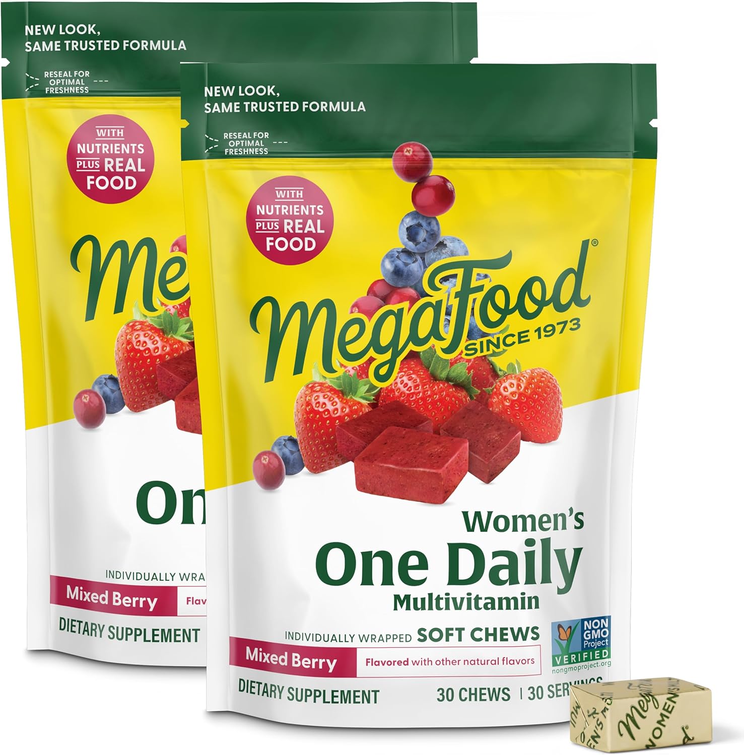 MegaFood Women's One Daily Multivitamin Soft Chews - Multivitamin for Women with Folate, Vitamin B6, B12, Biotin, Vitamin D - Delicious Mixed Berry Flavor - Vegetarian, Non-GMO - 30 Chews, 2 Pack