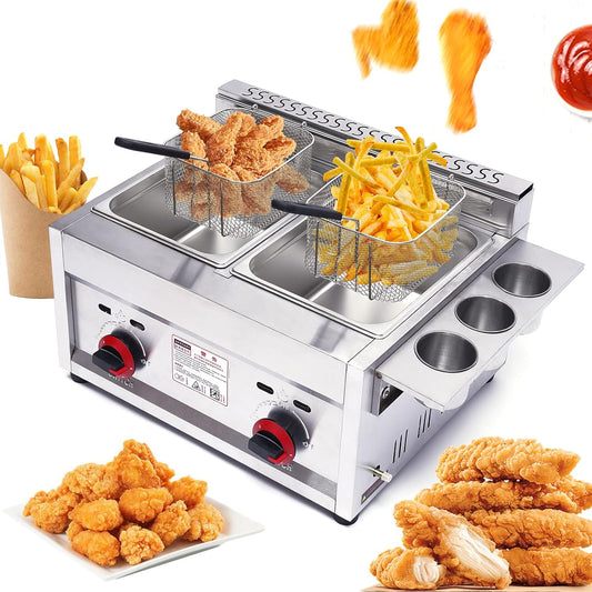 Gas Deep Fryer 12 Liter Dual Tanks Commercial Stainless Steel Deep Fryer High Capacity Professional Gas Countertop Kitchen Frying Machine for French Fry Restaurants Supermarkets Fast Food Stands/2659