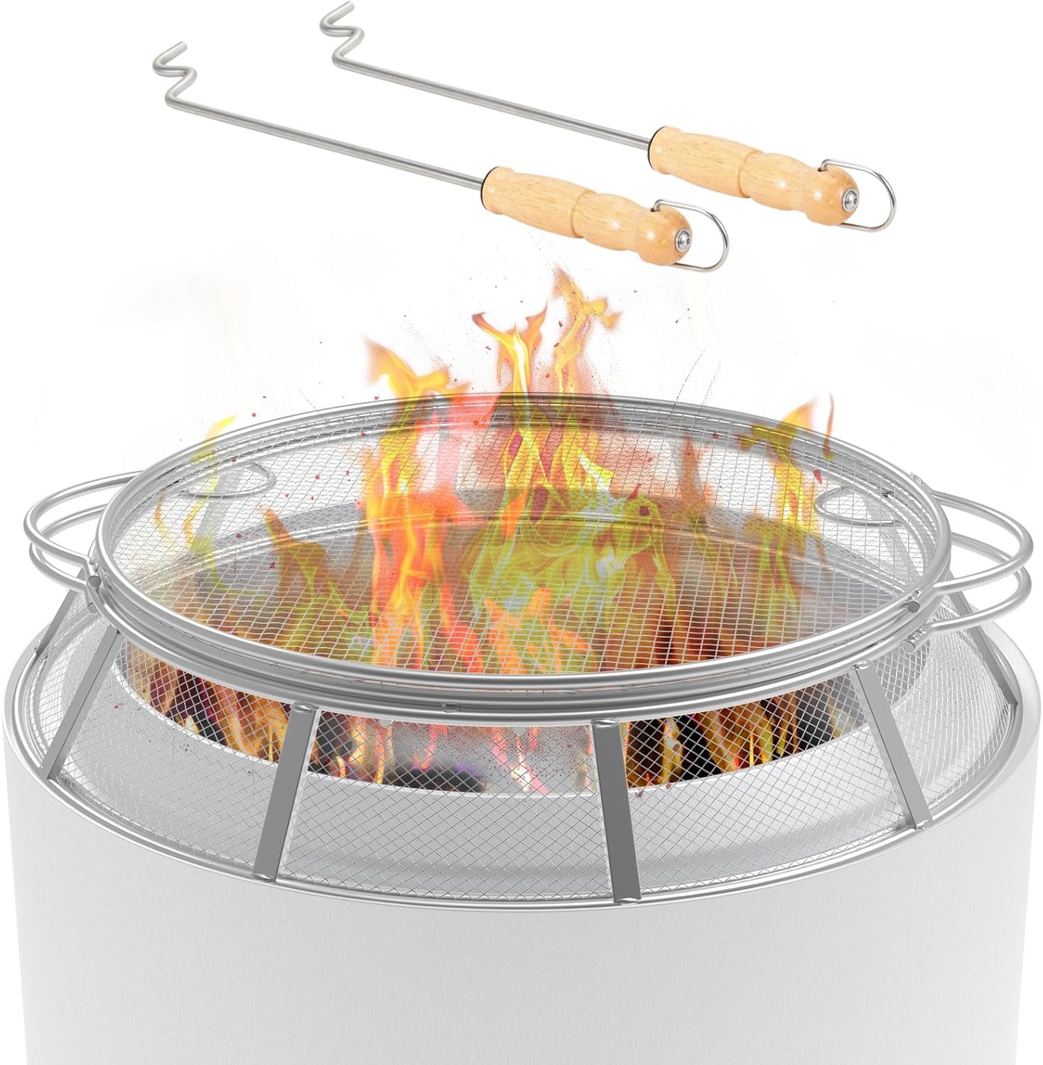 Spark Protector Mesh Screen for Solo Stove Yukon 27 Inch, Stainless Steel Fire Pit Spark Screen Mesh Fire Pit Spark Protector with Sticks Poker for Solo Stove Yukon Accessories