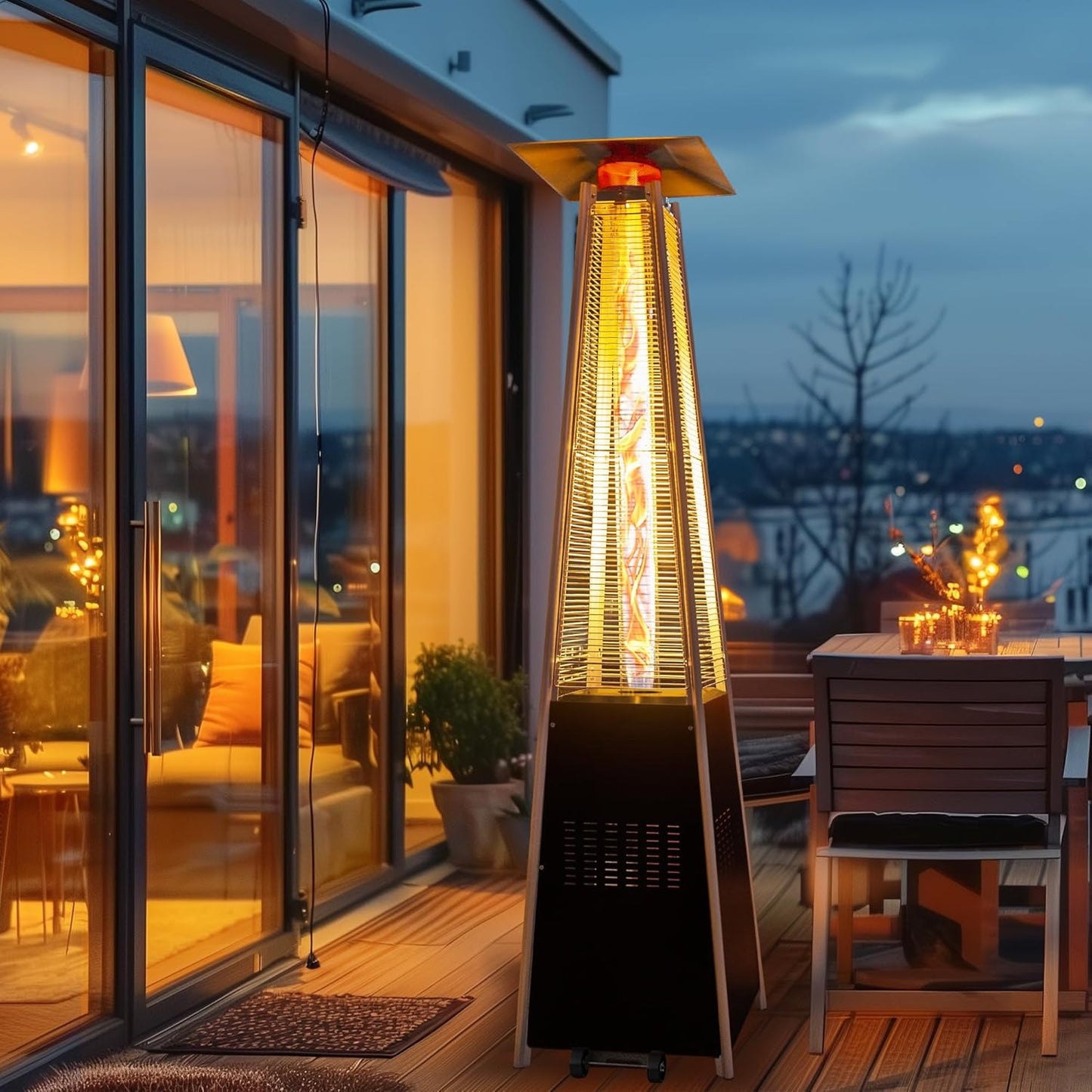 PATIOPIA 48,000 BTU Flame Pyramid Pool Heater, Triple Safety Protection Portable Patio Heater with Patio Cover, Warm Glass Tube with Durable Wheels-Black