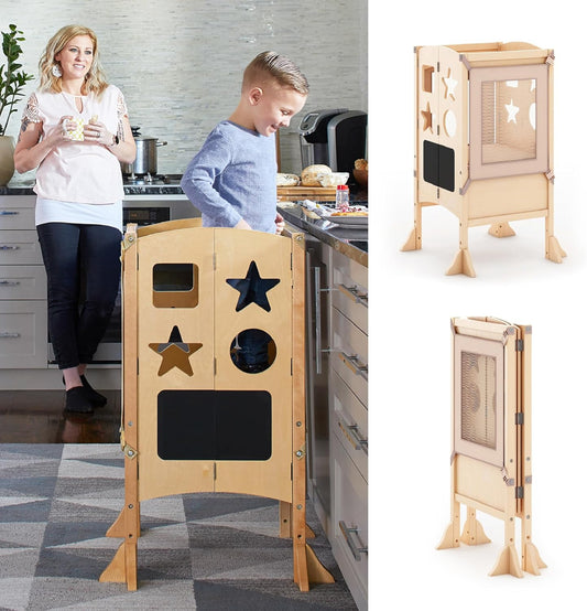 Guidecraft Classic Kitchen Helper® Toddler Tower and 2 Keepers - Natural: Folding Wooden Adjustable Height Platform, Kitchen Montessori Learning Step Stool, Chalkboard, Supports Up to 125lbs