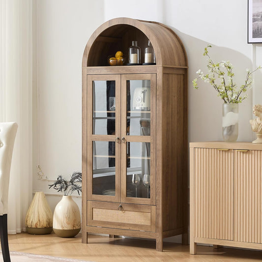 TYBOATLE 71" Tall Arched Pantry Cabinet with Innovative Drawer, Kitchen Cabinet with Anti-Tipping Device and Glass Door, Versatile Cupboard for Kitchen, Dining, Natrual