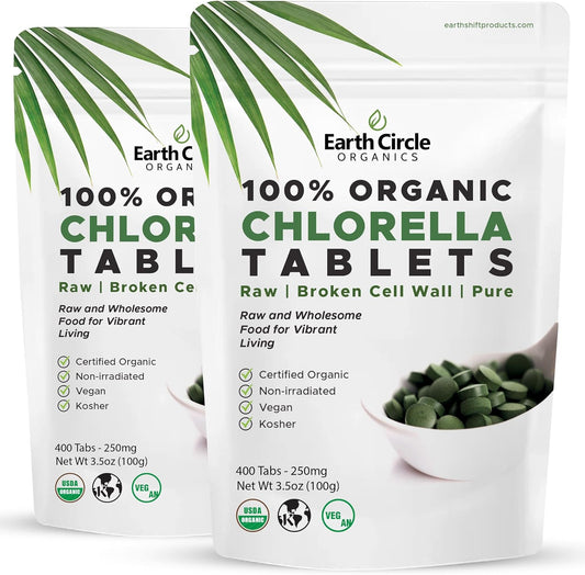 Organic Chlorella Tablets 400 Count | High Potency Superfood | Chlorophyll Pills from 100% Pure Green Algae | Broken Cell Wall for Maximum Absorption | Vegan, Kosher, Non-GMO | 4 Tabs per Day (2-Pack)