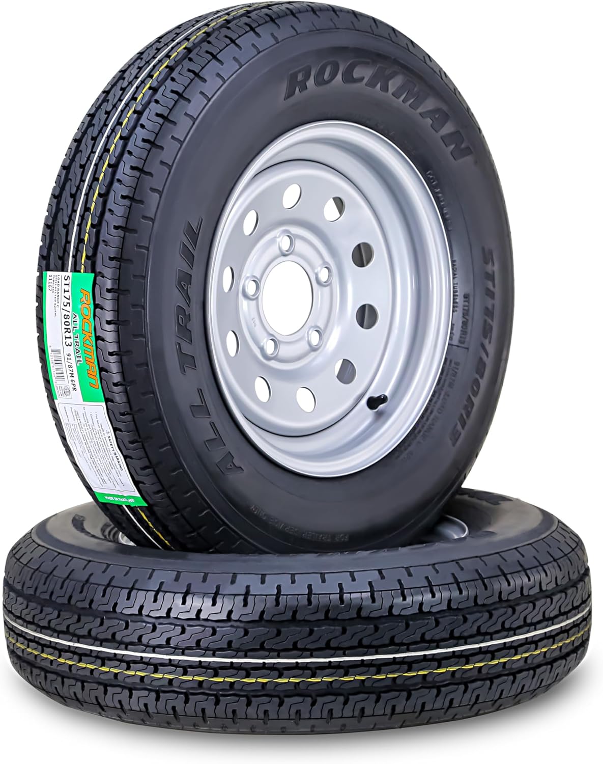 ROCKMAN Trailer Tire Wheel Assembly ST175\/80R13 6-Ply C 91M 5 Lug on 4.5" PCD Silver Mod Rim,SET 2