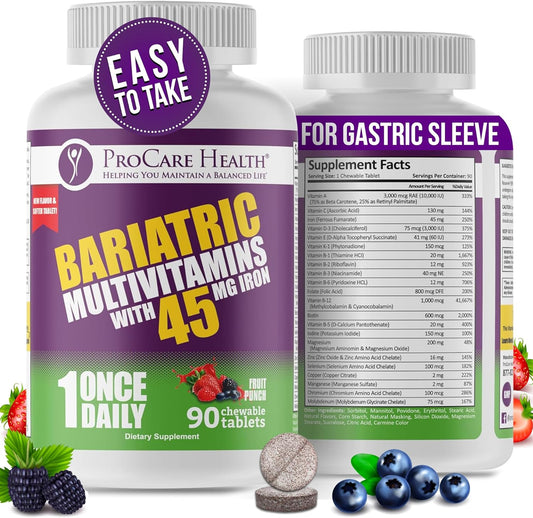 Procare Health Bariatric Multivitamin with Iron 45mg Chewable (90 Tablets) - Fruit Punch Flavor Bariatric Multivitamin Chewable Pills for Gastric Bypass & Sleeve Gastrectomy Patients (03 Month Supply)