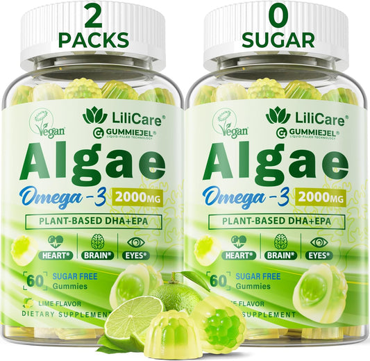 Omega 3 Gummies 2200mg from Algae Oil (DHA 640mg & EPA 290mg) for Women & Men, Vegan Omega 3 Fish Oil Alternative, w\/CoQ10, Astaxanthin, Vitamin A, E, D3 for Brain, Eye, Antioxidant,Sugar Free 2Packs