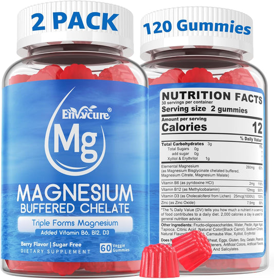 Magnesium Gummies - Triple Magnesium Complex, Magnesium Glycinate Gummies | Magnesium Glycinate, Malate, Citrate w\/ D3 B6 B12, for Calm, Sleep & Muscle Cramp | High Absorption | Vegan, 2 Pack