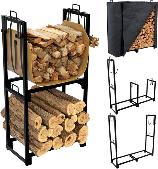 4Ft Heavy Duty Firewood Rack Outdoor, 3 Level Adjustable Length Wood Rack Indoor with Firewood Holder Cover & Log Holder Carrier, Weather Resistant Wood Stacker Storage for Patio Fireplace