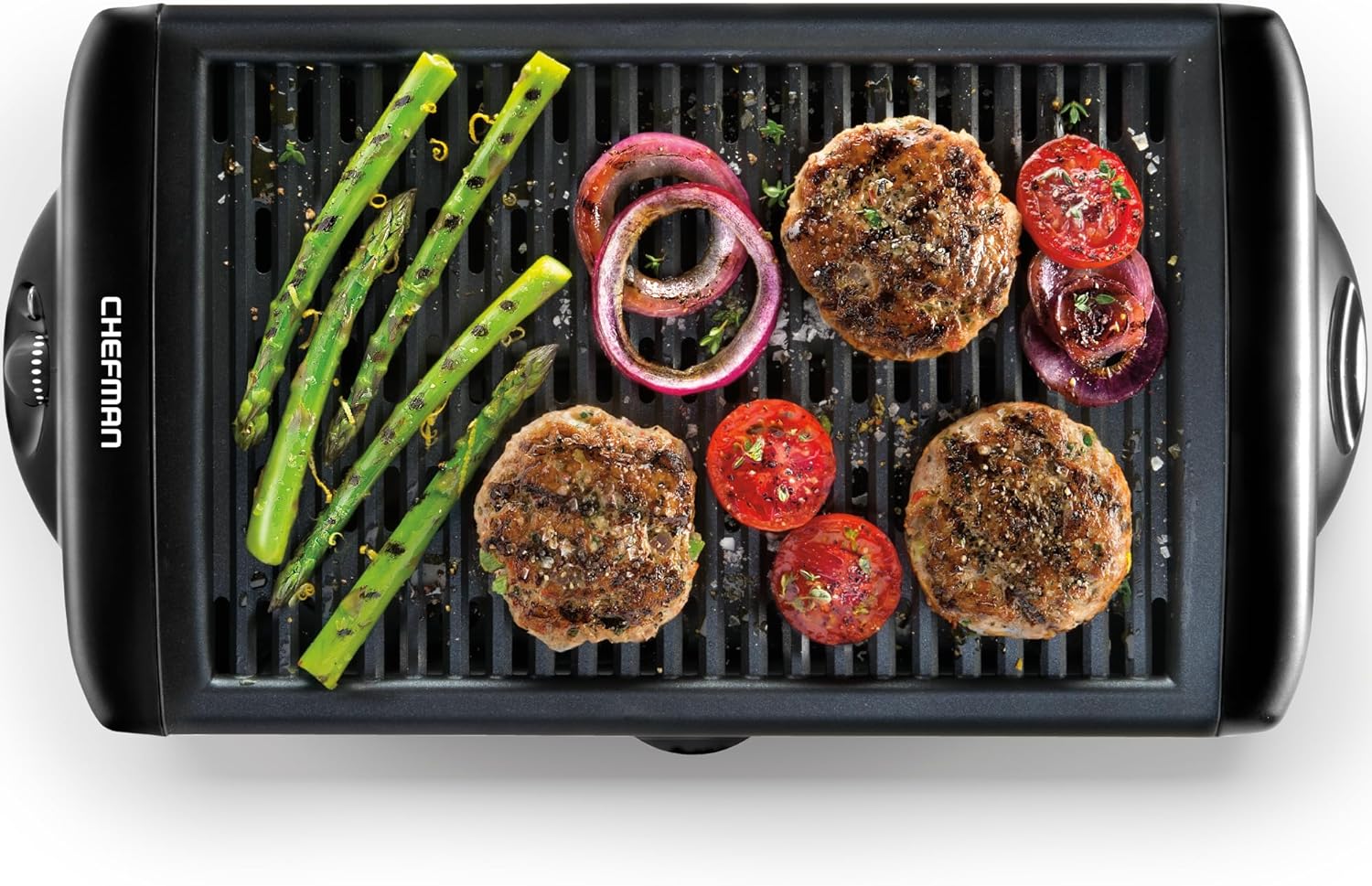 Chefman Electric Smokeless Indoor Grill w\/ Non-Stick Cooking Surface & Adjustable Temperature Knob from Warm to Sear for Customized BBQing, Dishwasher Safe Removable Water Tray, Black