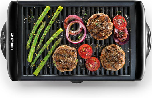 Chefman Electric Smokeless Indoor Grill w\/ Non-Stick Cooking Surface & Adjustable Temperature Knob from Warm to Sear for Customized BBQing, Dishwasher Safe Removable Water Tray, Black