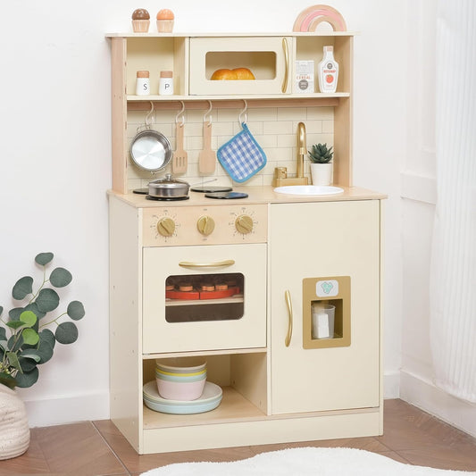 Wooden Play Kitchen for Kids with Ice Maker & 17 Accessories, Toddler Toy Kitchen with Sink, Oven, Stovetop, Microwave, Educational Kitchen Playset Gift for Toddlers Boys Girls Ages 3 to 8