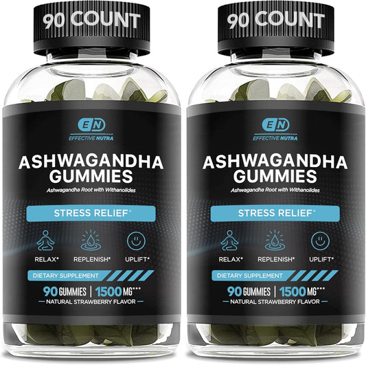 EFFECTIVE NUTRA Ashwagandha Gummies 1500mg | Stress Relief, Immune Support, Calm Mood, Energy | Natural Berry Flavor | 90-Day Supply | Vegan, Gluten-Free, Non-GMO | Supplement for Men & Women (2-Pack)