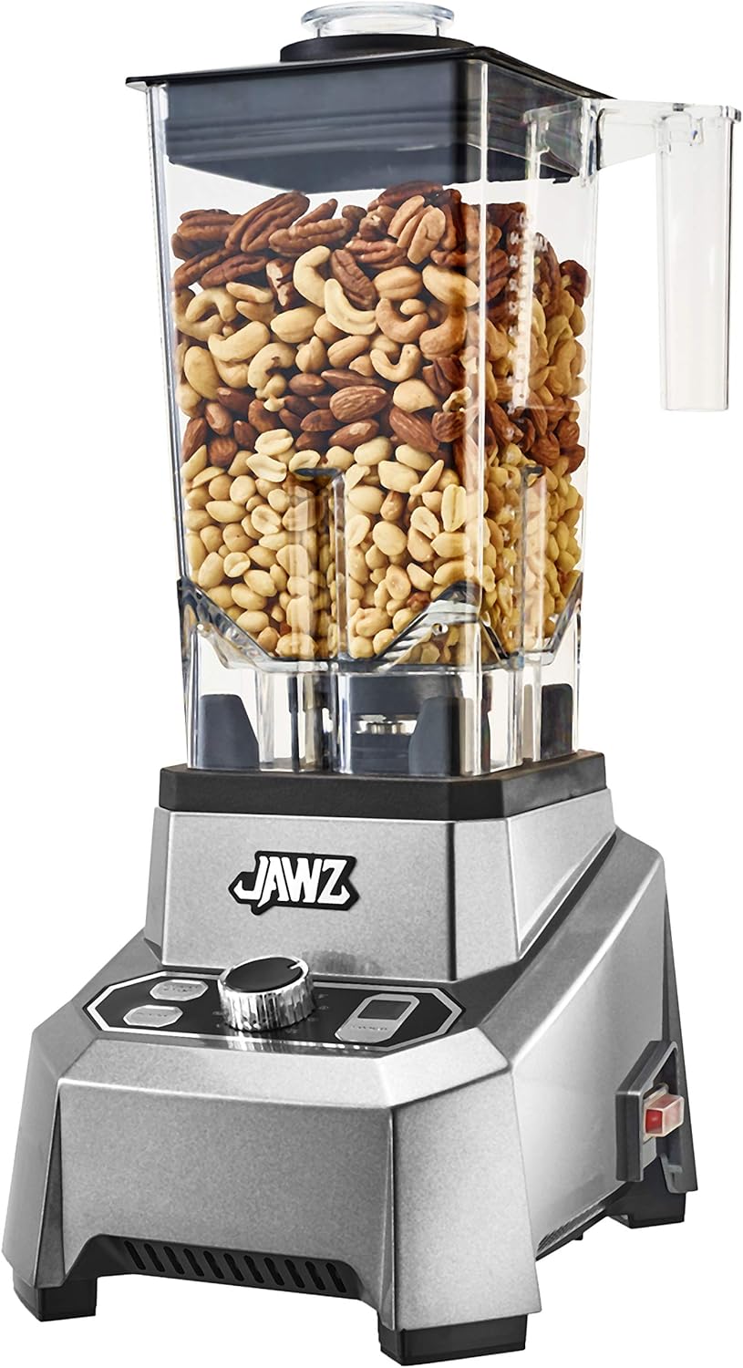 JAWZ High Performance Blender, 64 Oz Professional Grade Countertop Blender, Food Processor, Juicer, Smoothie or Nut Butter Maker, Variable 10 Speed Easy Control Dial, Stainless Steel Blades, Silver