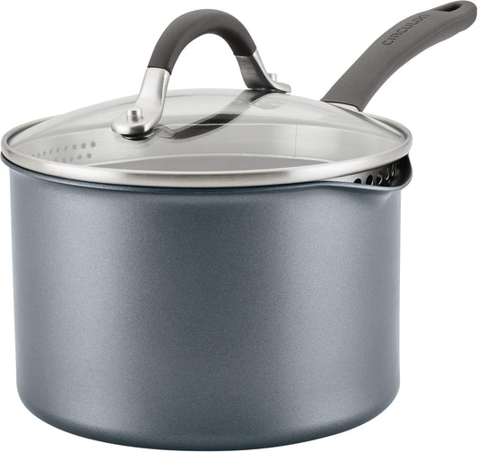 Circulon A1 Series with ScratchDefense Technology Nonstick Induction Straining Sauce Pan with Lid, 3 Quart, Aluminum, Graphite