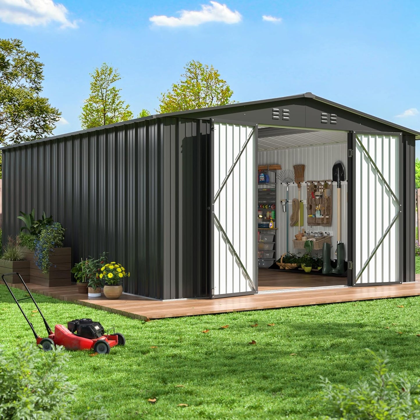 PABIMIA 14X12 FT Outdoor Storage Shed, Durable Metal Outside Storage with Lockable Doors, Waterproof Storage Shed for Tools, Equipment, Ideal for Backyard Garden Patio Lawn